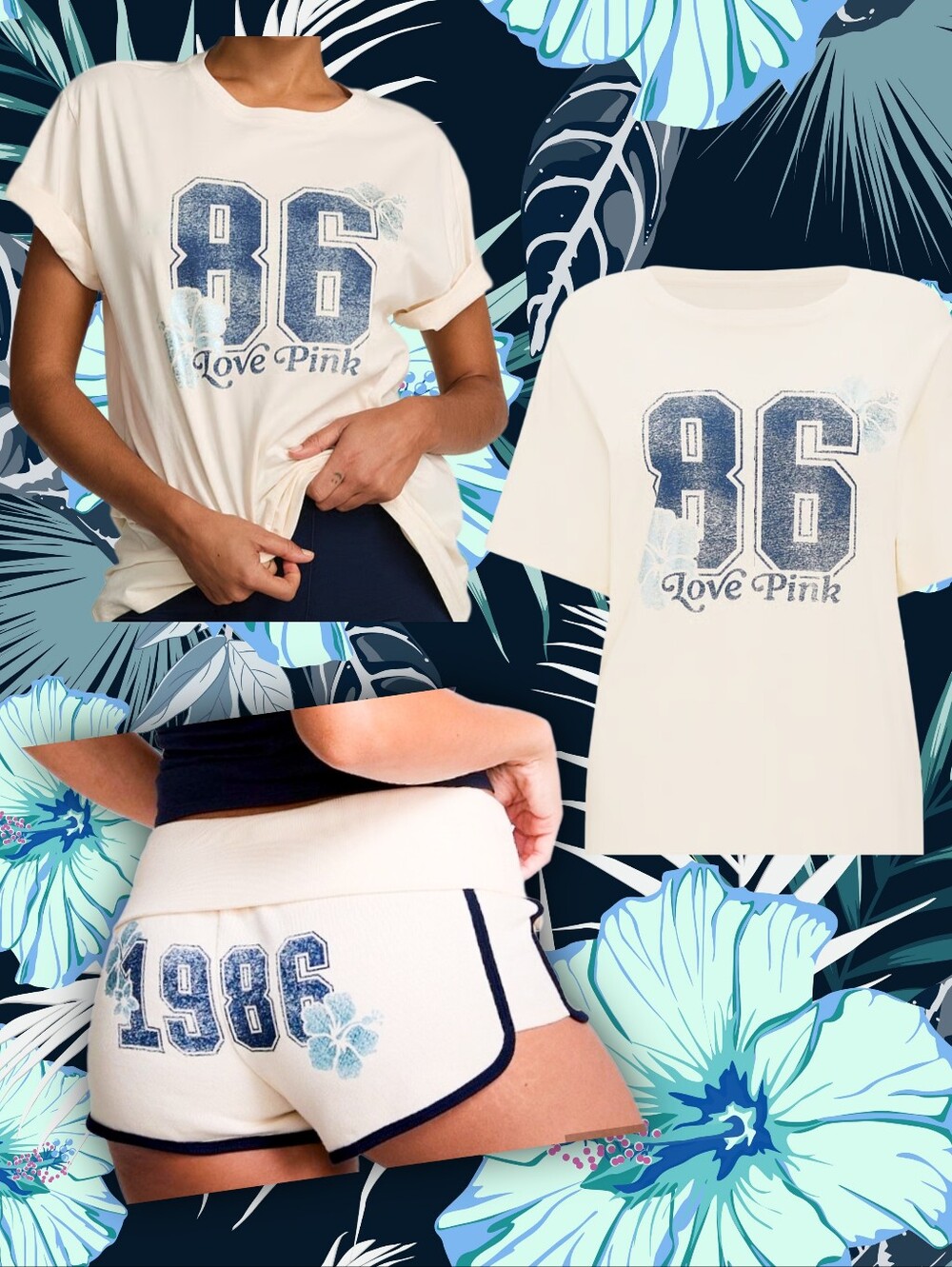 PINK Blue Hibiscus Campus Tee & Shorts Size Medium NWT!♡♡